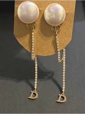 Gold and Pearl Dangle Earrings with CD and D Charm - Women Jewelry